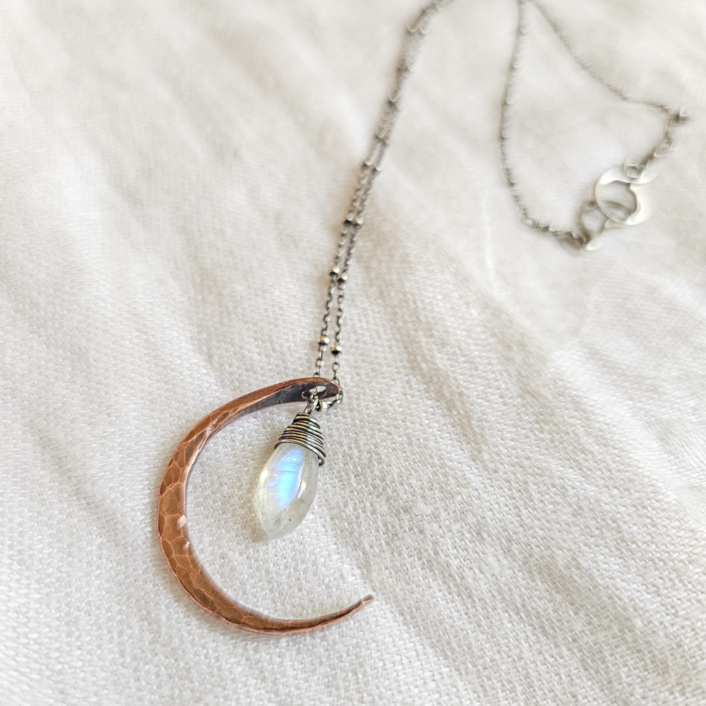 Handcrafted Sterling Silver and Hammered Copper Crescent Moon Necklace 18"